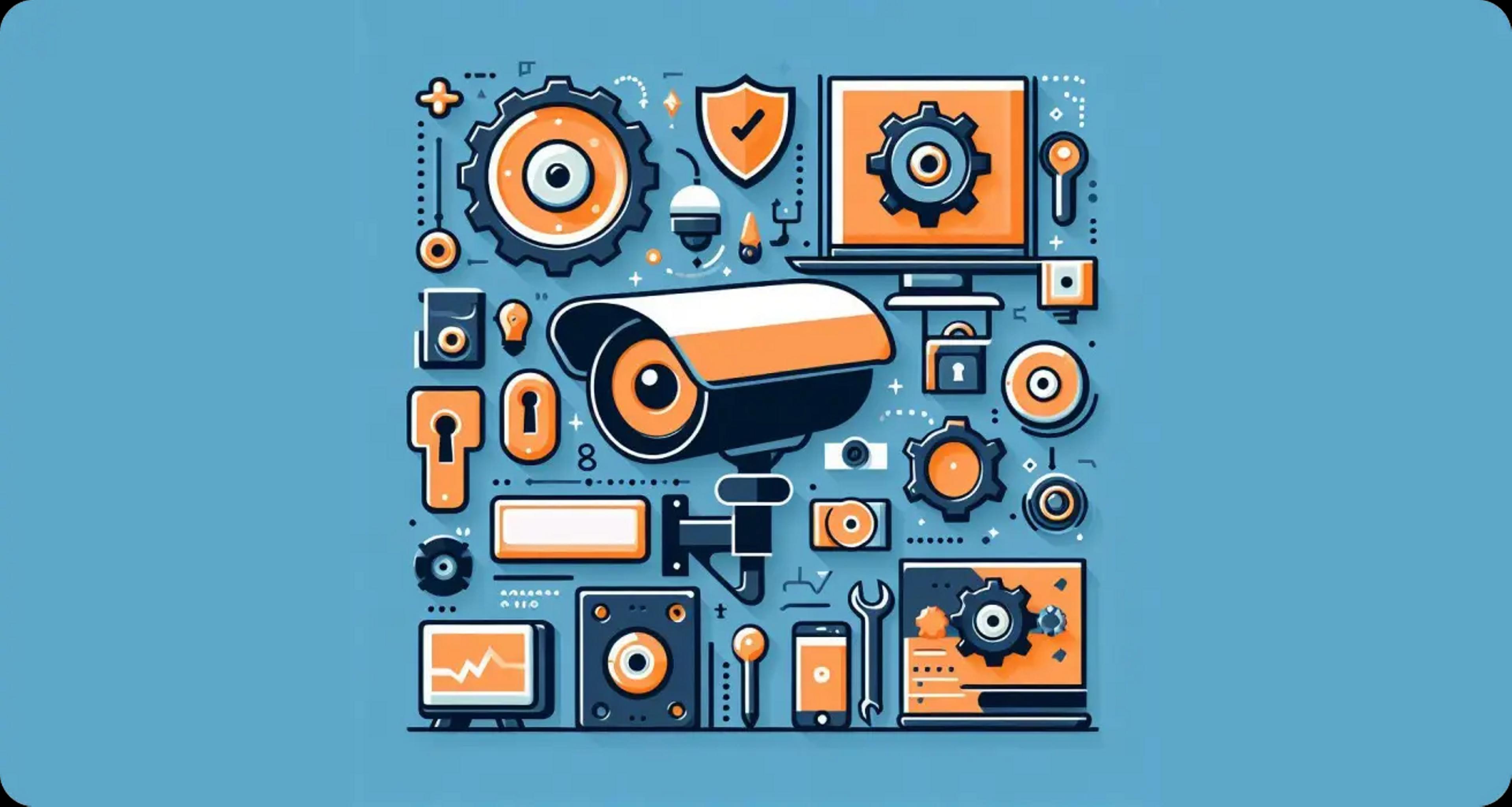 Image of a cameras and other security elements with blue background