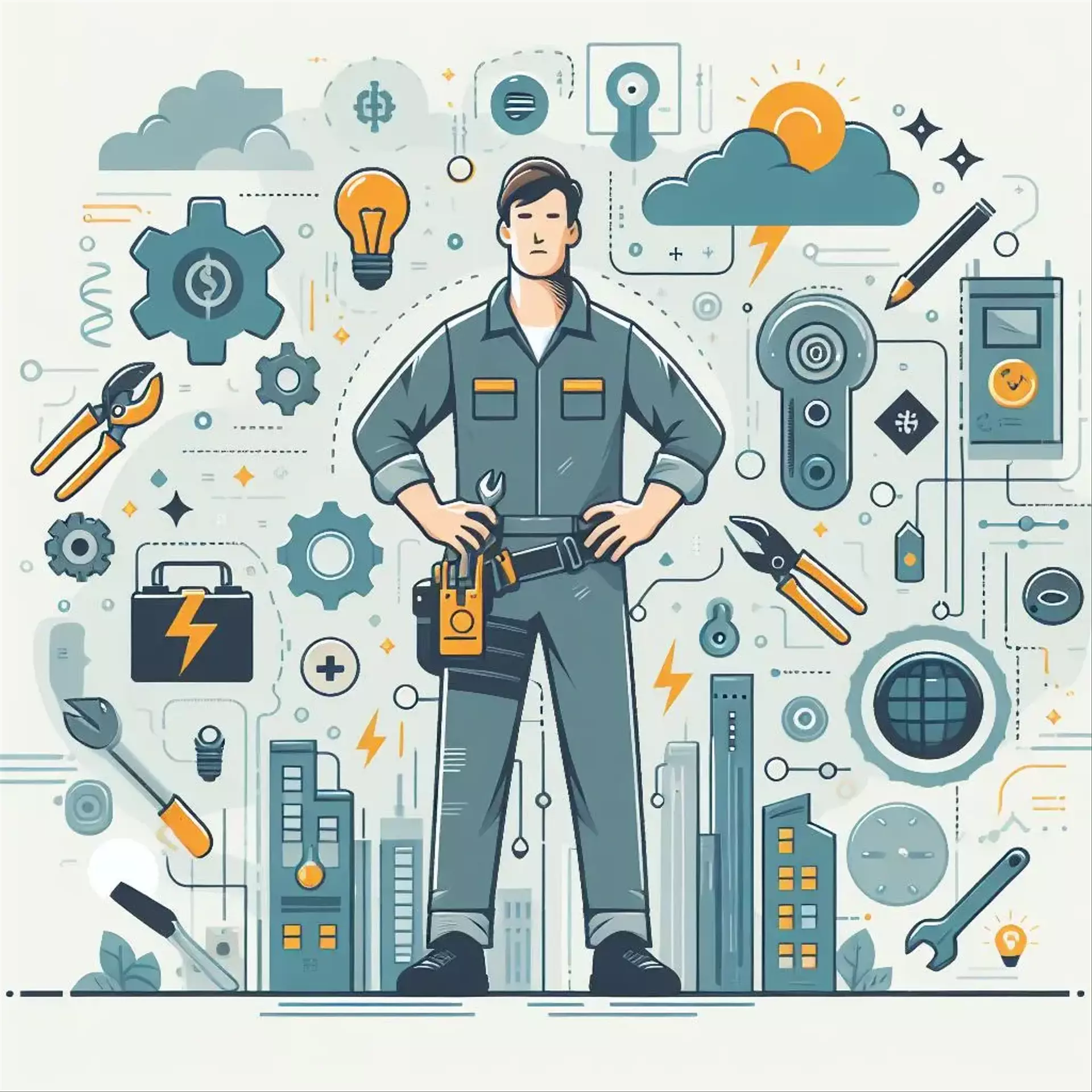  animate electrician with icons of tools and electrical items