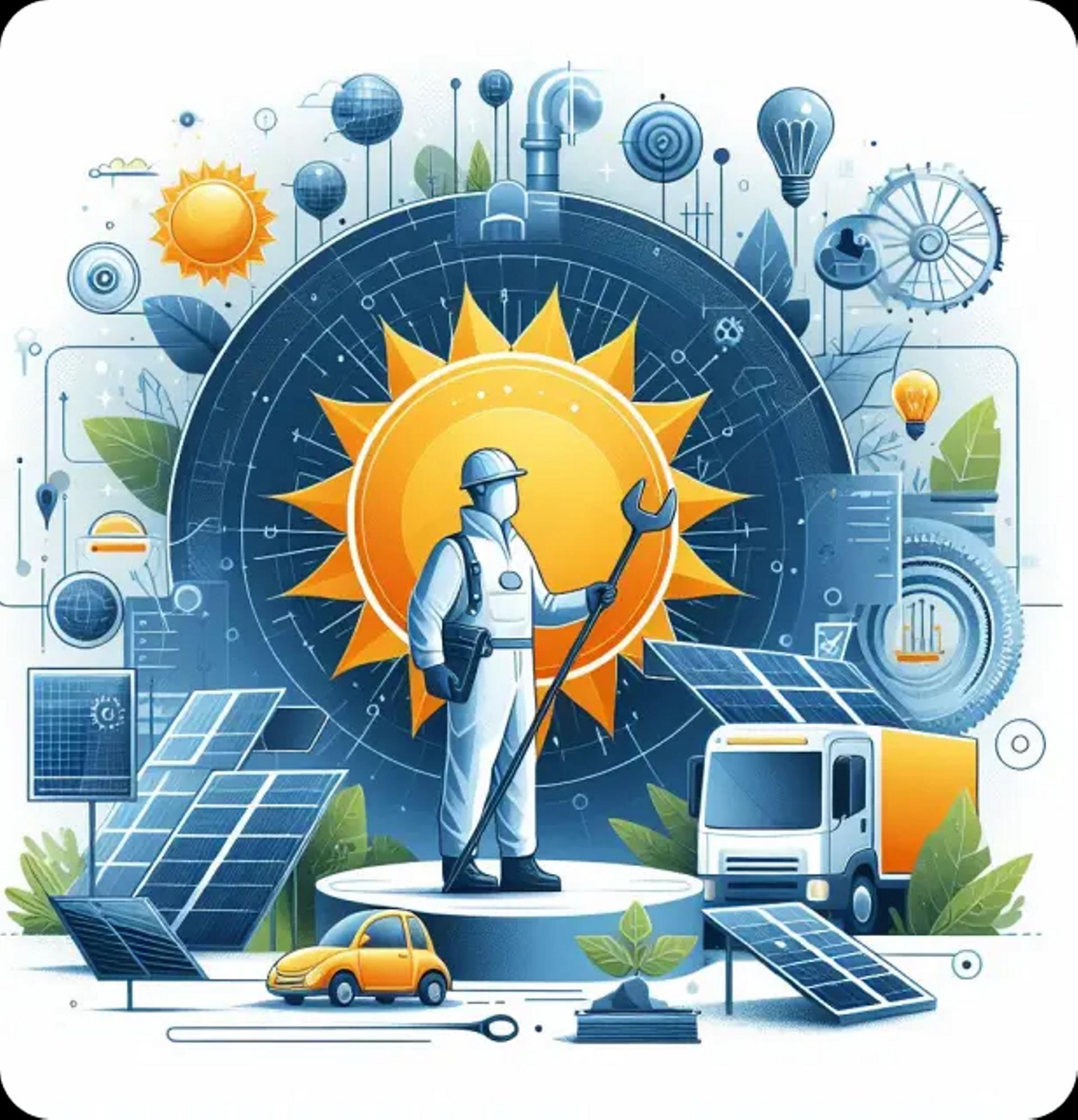 Animated style image including solar panels and solar elements